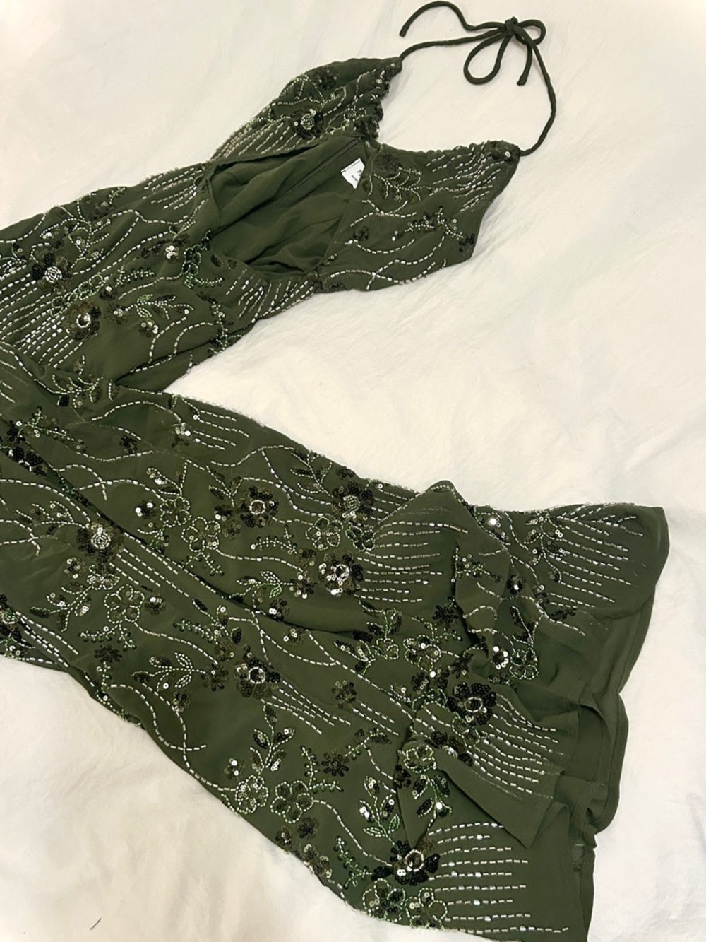Olive Green Beaded Halter Evening Dress - Picture 4 of 5